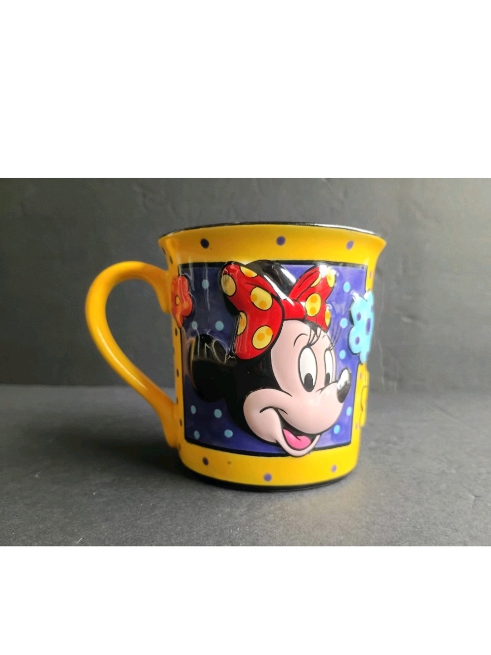 Vintage Walt Disney World Minnie Mouse 3D Mug Cup Yellow Floral Polka Dot